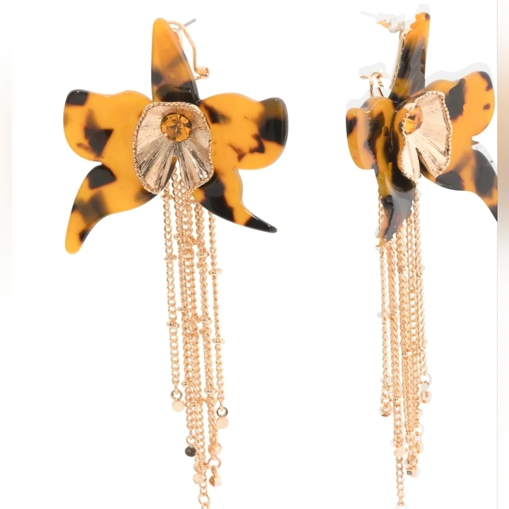 🤎▪️Betsey Johnson ▪️Tortoiseshell Orchid Gold Floral Drop Earrings